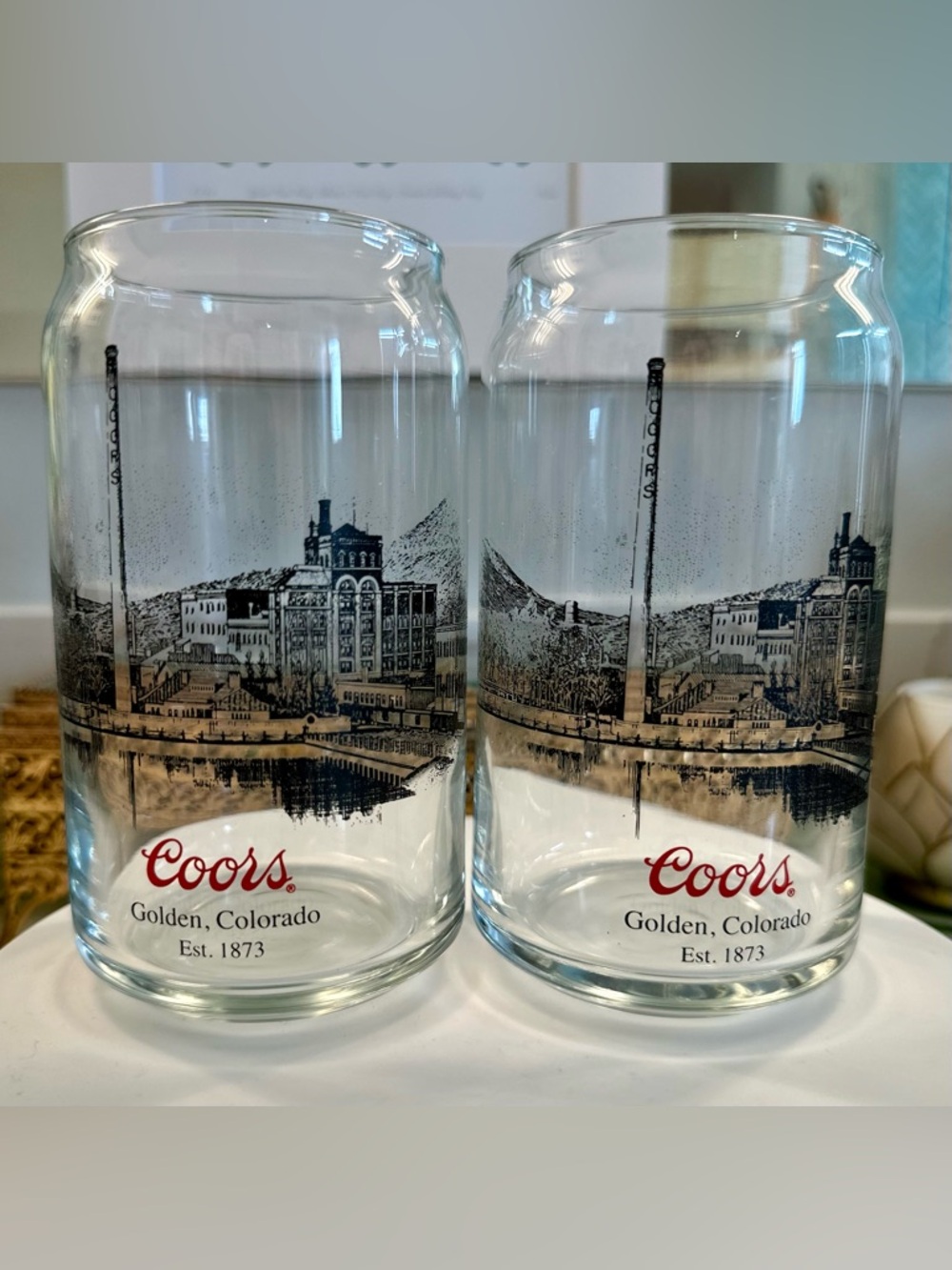 Coors Brewery Beer Can Glasses - Lot of 2 - EUC - Golden Colorado